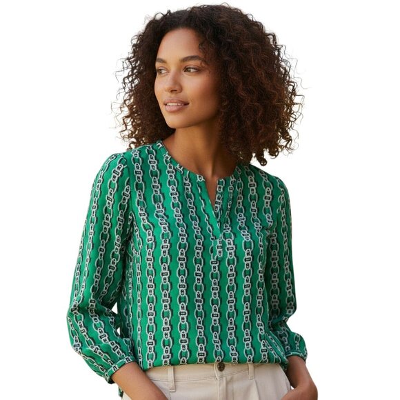 IMAN Tunic Jade GLOBAL CHIC V Neck Chain Link Flowy Blouse Corpcore Twee Office - Picture 1 of 16